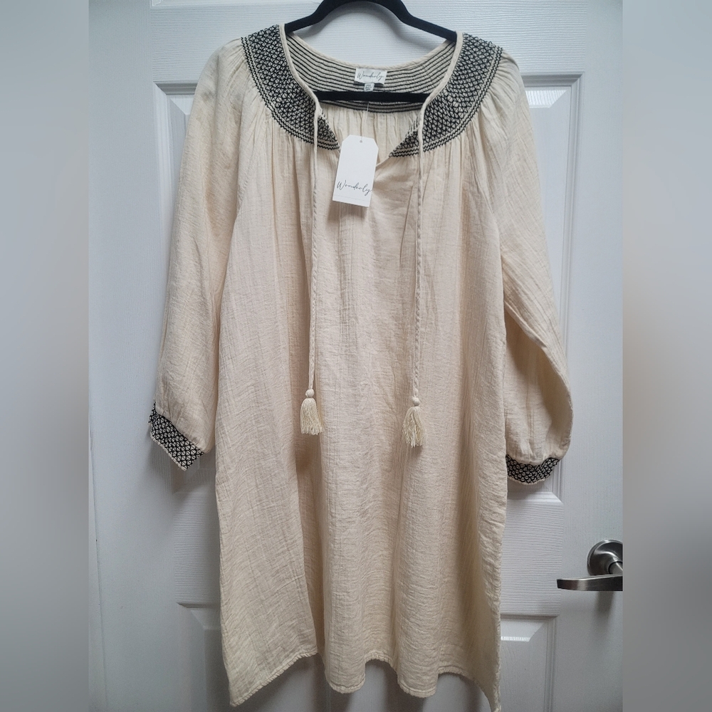Cream and Black Midi Dress with Scoop Neck and Bishop Sleeves